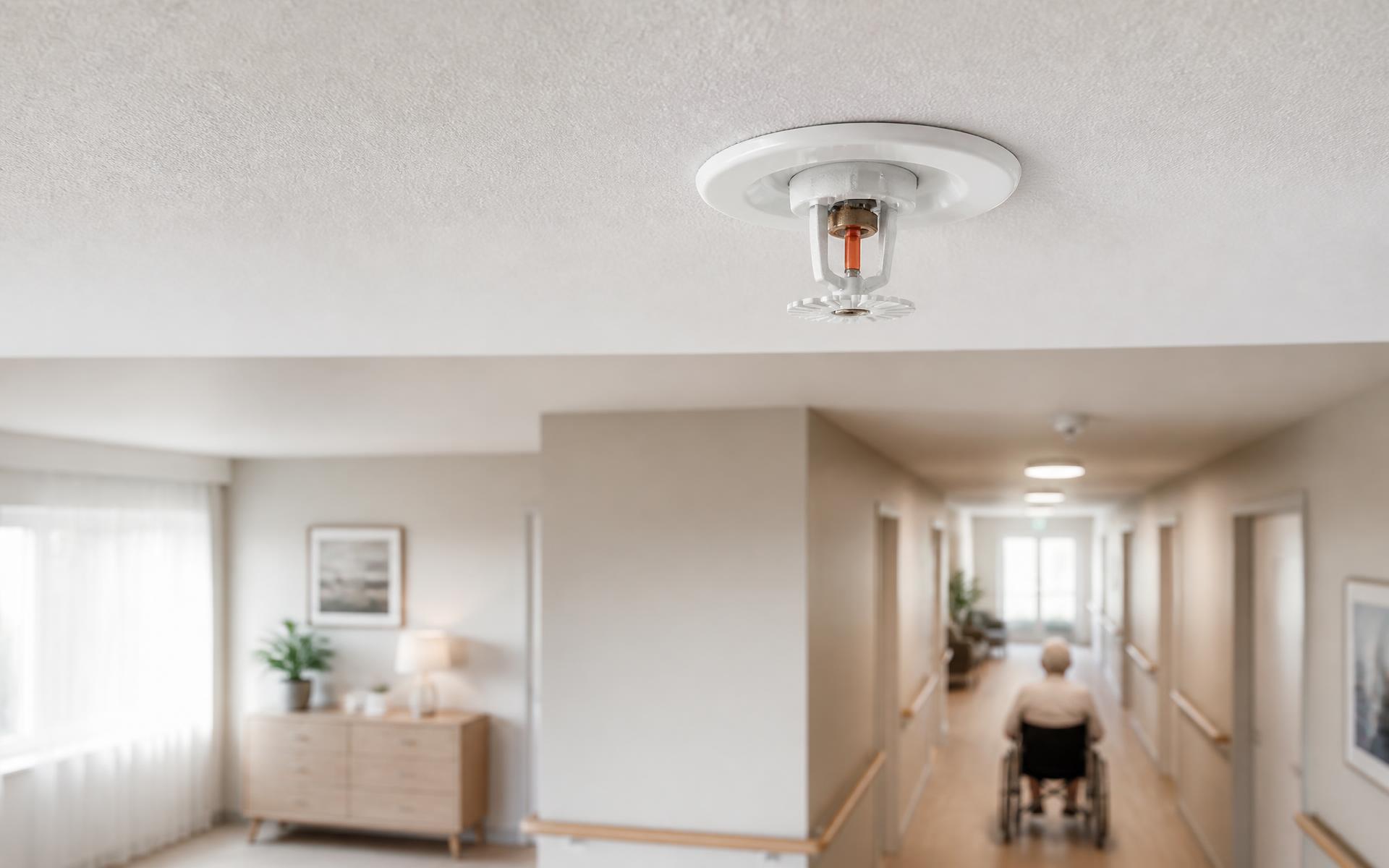 Sprinklerhuvud i taket i en ljus korridor på ett vårdboende